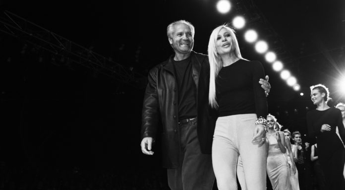 NEW YORK - MARCH 1996: Fashion designers Gianni Versace (1946 -1997) and Donatella Versace on the runway after a Versace fashion show in March 1996 in New York City, New York. (Photo by Catherine McGann/Getty Images)