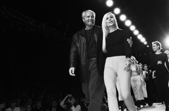 NEW YORK - MARCH 1996: Fashion designers Gianni Versace (1946 -1997) and Donatella Versace on the runway after a Versace fashion show in March 1996 in New York City, New York. (Photo by Catherine McGann/Getty Images)